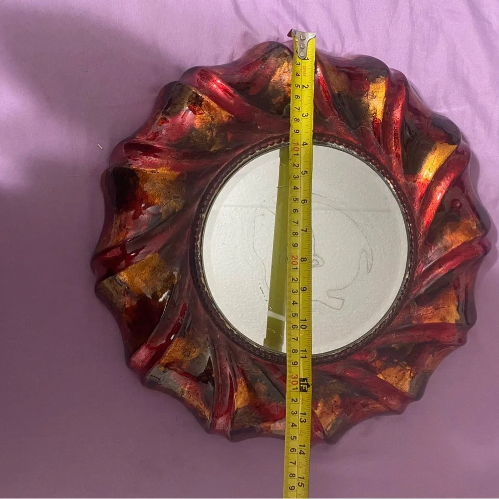 Decorative Swirl Round Wall Mirror in Red and Gold